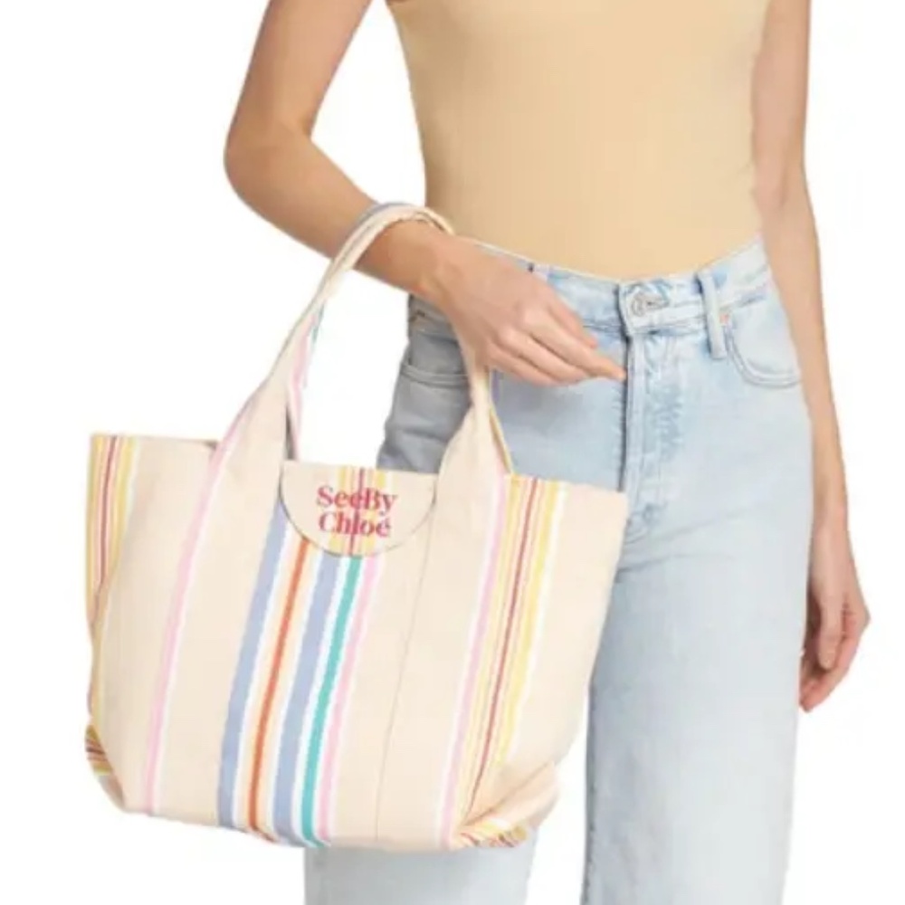 See By Chloé Cream Canvas Tote with Pastel Multicolor Stripes